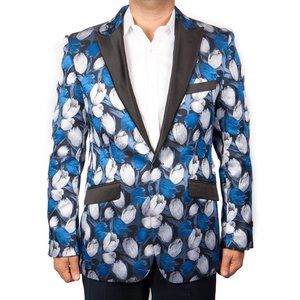 Mens Floral Suit Jacket Modern Fit, Blue and Silver